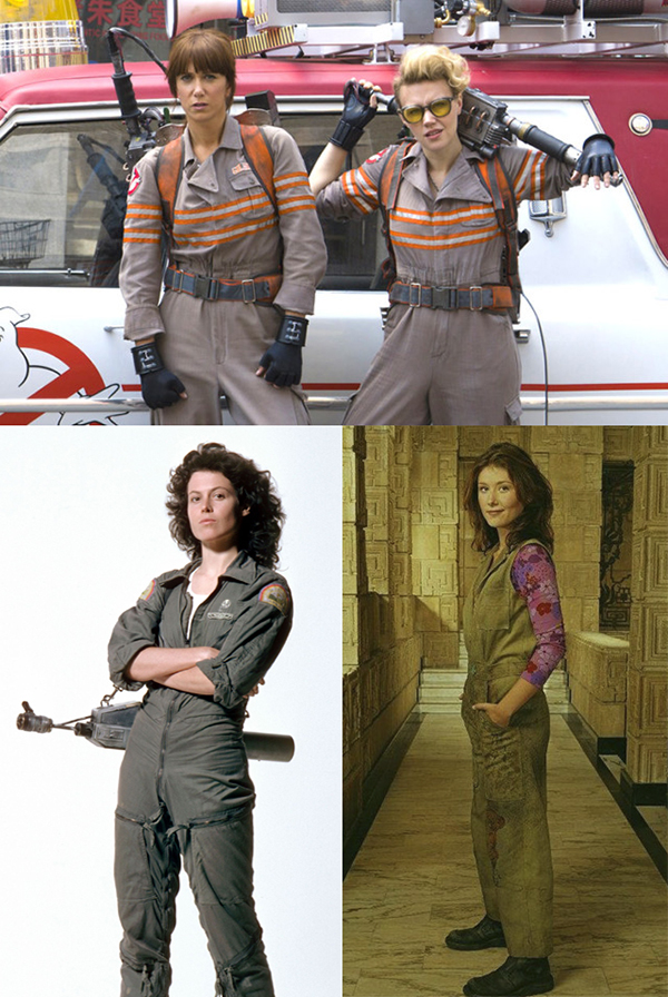 Boilersuits from the movies! 
Top: Kristen Wiig and Kate McKinnon in Ghostbusters 
Bottom Left: Sigourney Weaver in Alien 
Bottom Right: Jewel Staite in Firefly