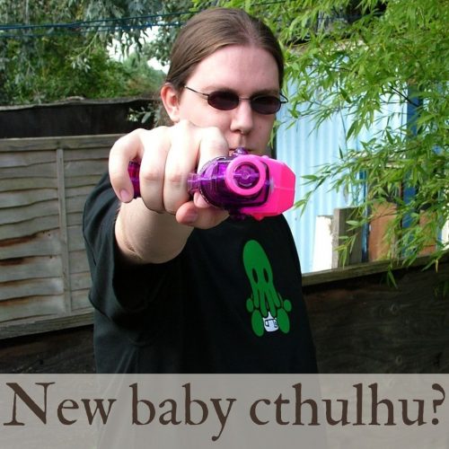 Paul (about fifteen years ago!) wearing a Baby Horrors Baby Cthulhu t-shirt